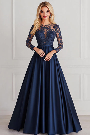 Bleu marine scintillant Trapèze à manches longues haut lacé en satin Robe mère de la mariée